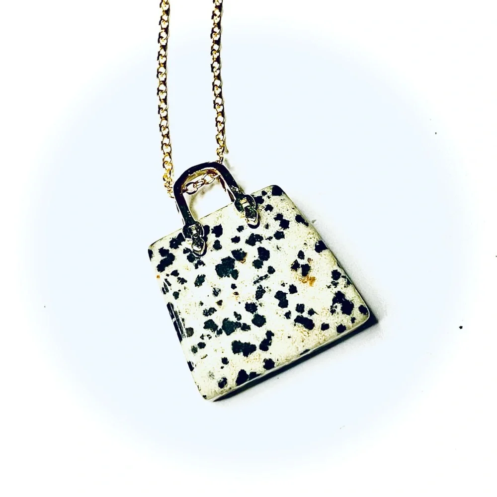 New Artisan 14k Gold Lady Christian Dior Dalmatian Jasper Handbag Necklace - Picture 9 of 17